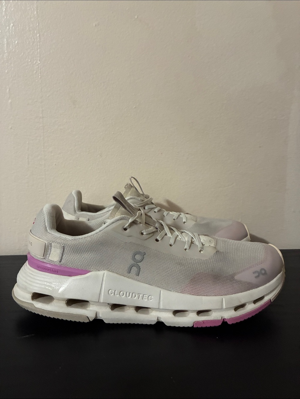 On Cloudnova Form 2 sneakers in a white and pink colorway women’s size 6W